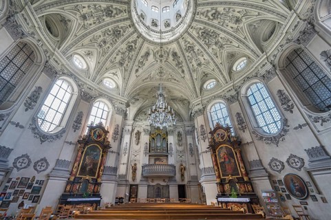 Organ gallery and ceiling stucco with apostle tower