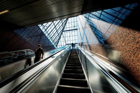 Glass roof and escalator