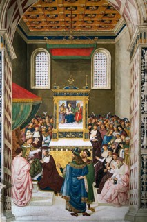 Piccolomini receives the cardinal's hat from Pope Calixtus III