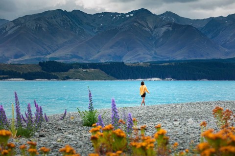 Guy at a beach at Lake Tekapo