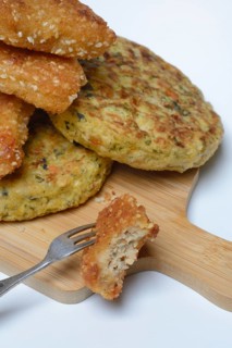 Meat substitute on wooden board with fork