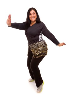 Attractive hispanic woman zumba dancing on a white background