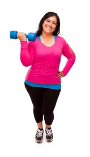 Attractive middle aged hispanic woman in workout clothes lifting dumbbell against a white background
