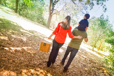 Happy mixed-race family with picnic basket enjoy a walk in the park