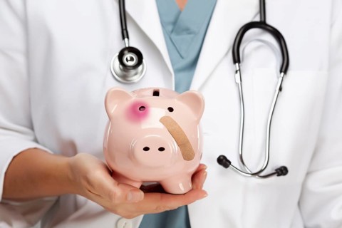 Female doctor with stethoscope holding piggy bank with bruised eye and bandage