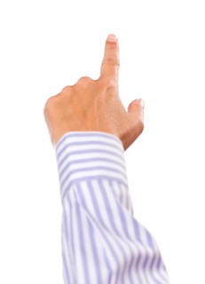 Hand of woman in dress shirt pointing or pushing button isolated on a white background