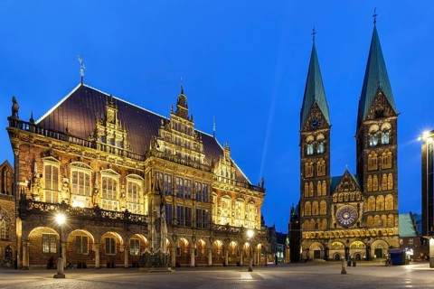 Marketplace Bremen City Hall Cathedral Church Roland by night in Bremen