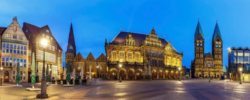 Marketplace Bremen City Hall Cathedral Church Roland Panorama by night in Bremen