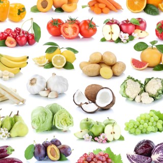 Fruits and vegetables fruits background apple tomatoes square bananas oranges lemon grapes collage clipping isolated against a white background in germany