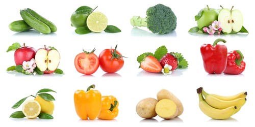 Fruits fruits and vegetables apple tomatoes orange lemon bananas colors collection cropped isolated against a white background in Germany