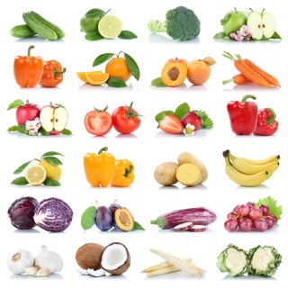 Fruits fruits and vegetables apple tomatoes orange lemon garlic colors collection cropped isolated against a white background in Germany