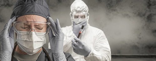 Female and male doctors or nurses wearing scrubs and protective mask and goggles banner