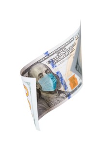 One hundred dollar bill with medical face mask on benjamin franklin isolated on white