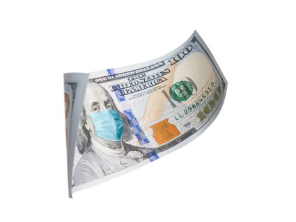 One hundred dollar bill with medical face mask on benjamin franklin isolated on white