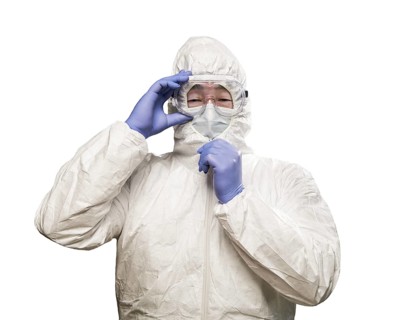 Chinese man wearing hazmat suit