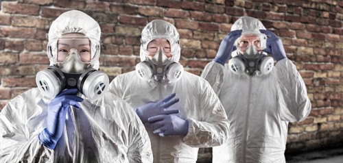 Chinese and caucasian woman and men in gas masks