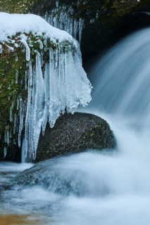 Icicles on wild river in nature reserve Hoelle
