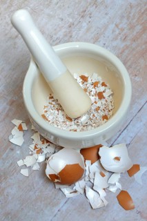 Broken eggshells crushed with mortar