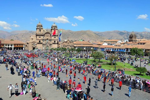 Plaza de Armas with Cathedral Catedral Basilica de la Virgen de la Asuncion during a parade