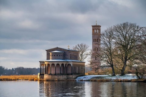 Church of the Saviour with Campanile on the Havel in winter