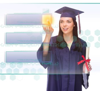 Young female graduate pushing blank button on translucent panel