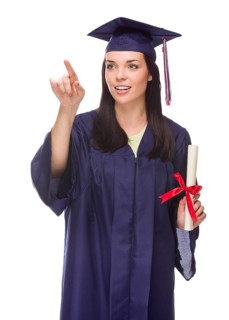 Young female graduate with diploma pushing button or pointing isolated on white
