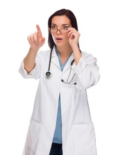 Female doctor or nurse pushing button or pointing with room for your own button or text isolated on white