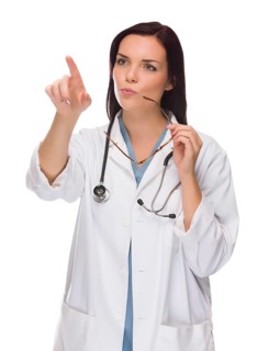 Female doctor or nurse pushing button or pointing with room for your own button or text isolated on white