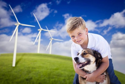 Handsome young blue eyed boy and dog playing near wind turbines and grass field