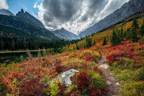 View of Lone Walker Mountain and Mount Rockwell with bushes in fall colors