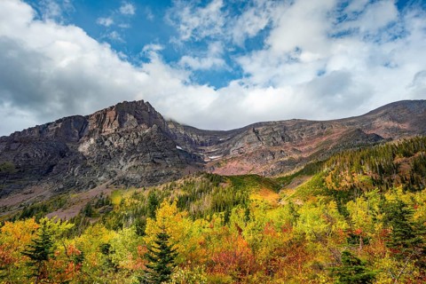 View of Rising Wolf Mountain and bushes in fall colors