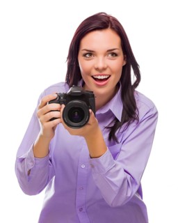 Attractive mixed-race young woman with DSLR camera isolated on a white background