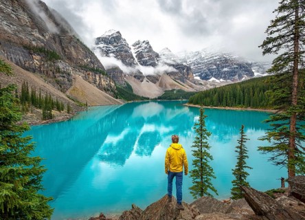 Young man looking at mountains