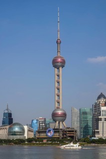 View over the Huangpu River to the skyline of the special economic zone Pudong with Oriental Pearl Tower