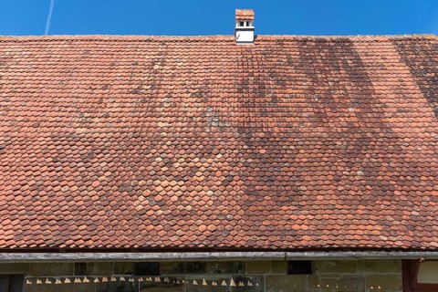 Roof with plain tiles on an old farmhouse from 1695