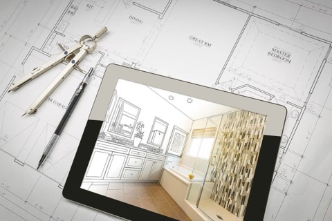 Computer tablet with master bathroom design over house plans