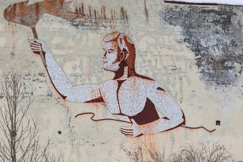Former sports hall in the abandoned mining city Kadykchan