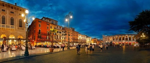 Piazza Bra with Roman amphitheatres Arena di Verona in the evening