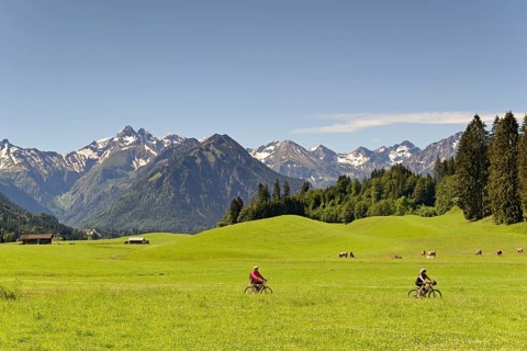 View from the meadows near the village Reichenbach to the mountain panorama of the Allgaeu Alps