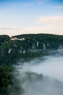 View from Eichfelsen to Wildenstein Castle with morning fog