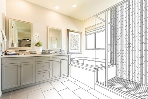 Custom master bathroom design drawing gradating to finished photo