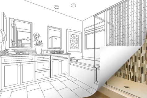 Master bathroom drawing page corner flipping with photo behind