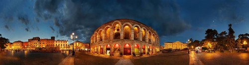 360 panorama of the Roman amphitheatre Arena di Verona in the evening