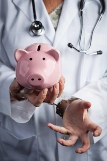 Female doctor or nurse in handcuffs holding piggy bank wearing lab coat and stethoscope
