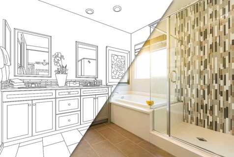 Custom master bathroom design drawing with cross section of finished photo