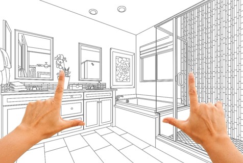 Hands framing custom master bathroom drawing