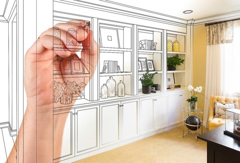 Hand drawing home built-in shelves and cabinets with photo cross section showing