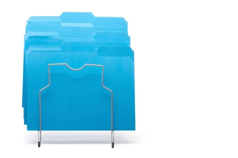 Blue file folders in rack isolated on a white background. labels ready for your own text