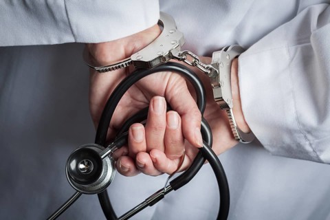 Female doctor or nurse in handcuffs and lab coat holding stethoscope