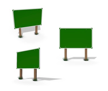 3D illustrations of three different angled blank green road signs ready for your own message